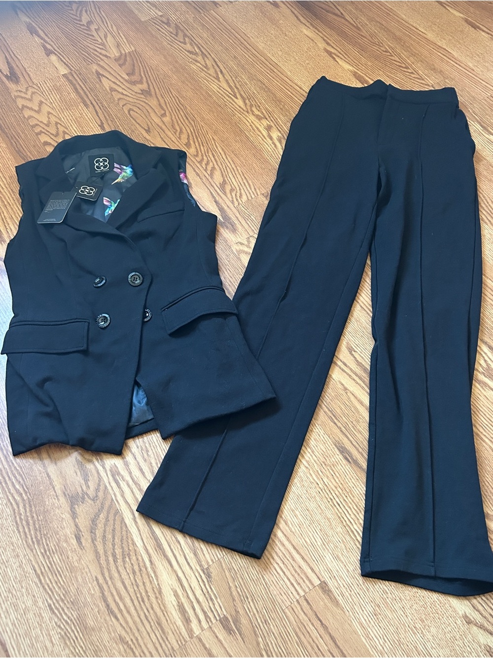 Care Tucker Black Tailored Vest and Wide-Leg Pants Set